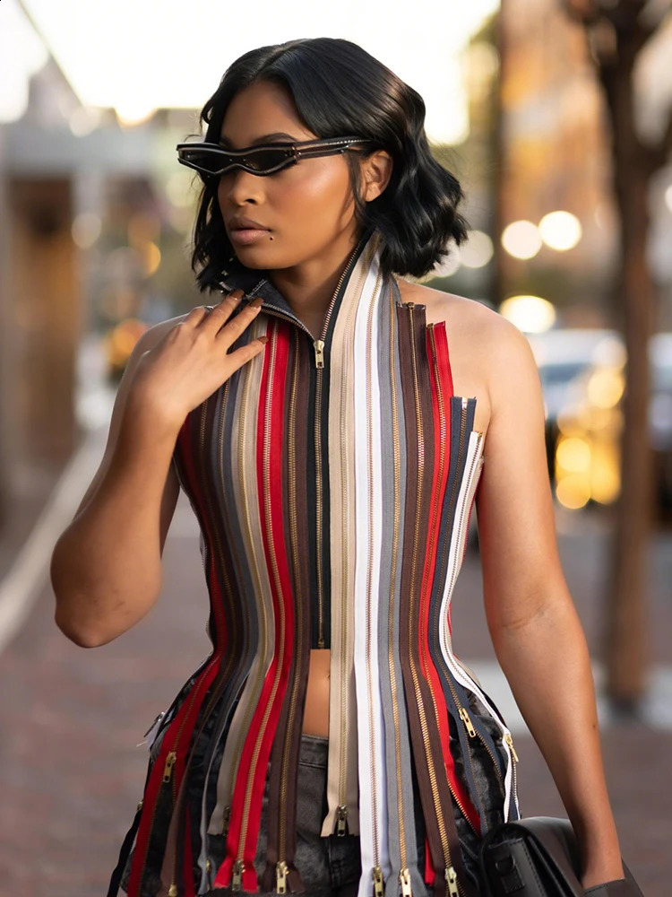 Nibber Backless Irregular Hem Tank Tops Woman Colorful Stripe Halter Multiple Zip Bandage High Street Hip-Hop Style Vests 260415 - view 4