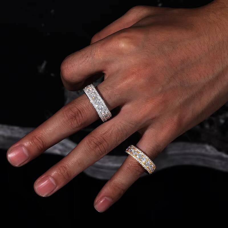Dropshipping Fine Jewelry Men Gold Plated 8mm 925 Sterling Silver VVS Moissanite Diamond Band Ring With Gift Box
