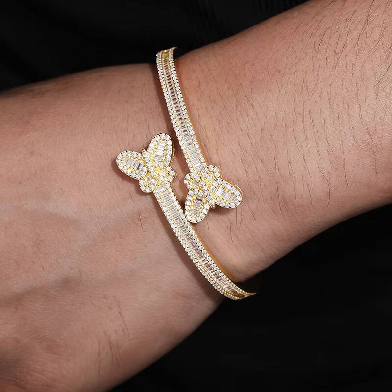 Wholesale Price New Arrival Hip Hop Jewelry Sterling Silver 925 Baguette Vvs Moissanite Iced Out Butterfly Bangle