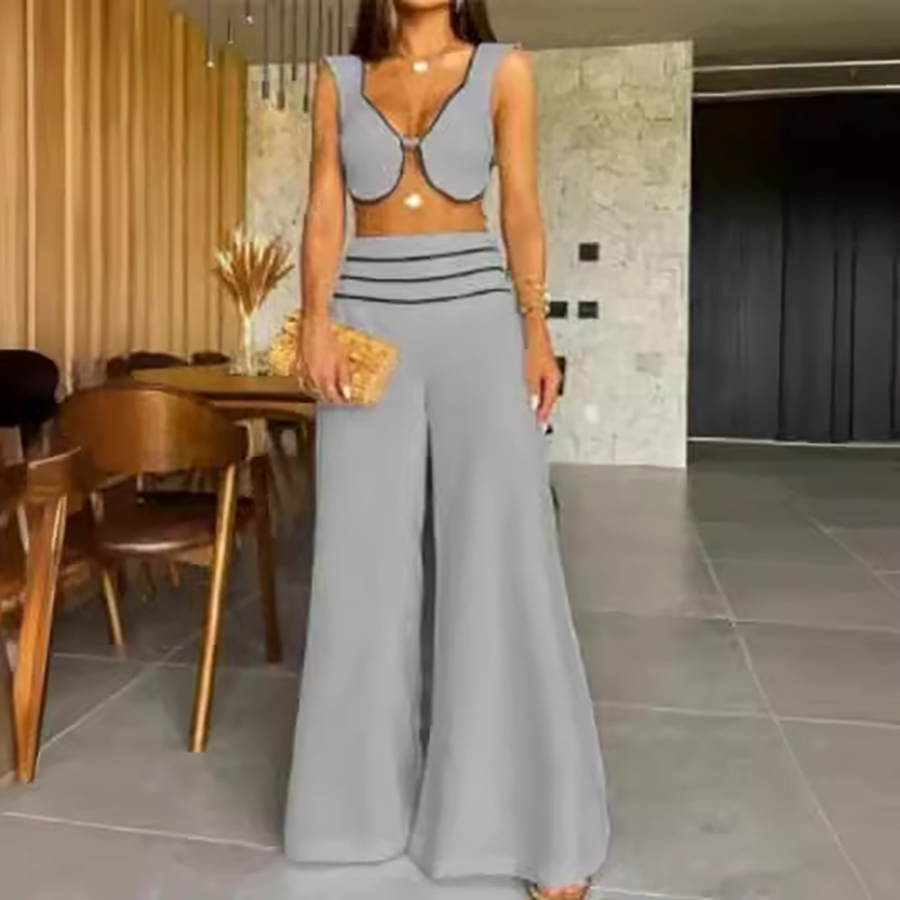 Women's Two Piece Pants Loose Fit Women Suit Two-piece Set Stylish Crop Top With Ruffle Detail High Waist Wide Leg For Commuting
