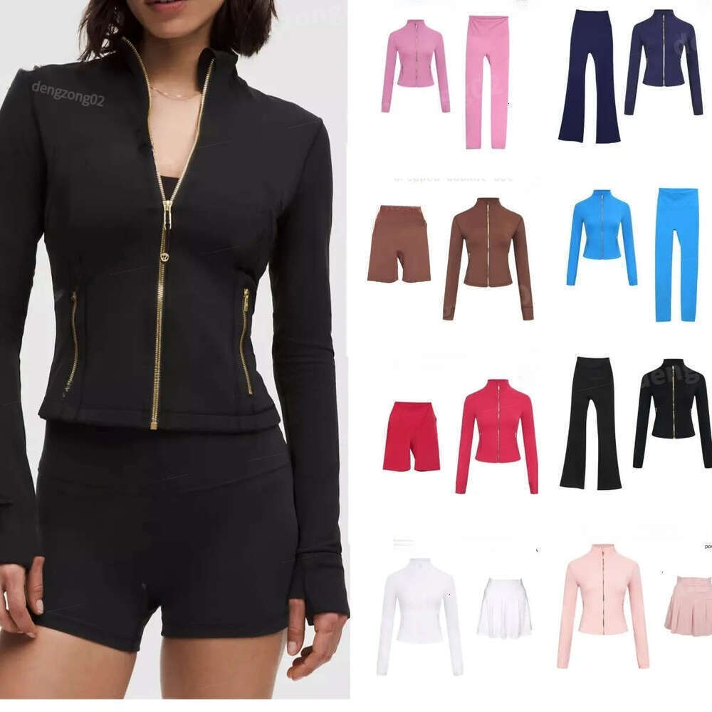Cropped Jacket Yoga Flare Leggings Workout Set Women zipper Jackets Shorts Skirts Up Coat Elastic Quick Drying Breathable Gold and Normal Zip 02