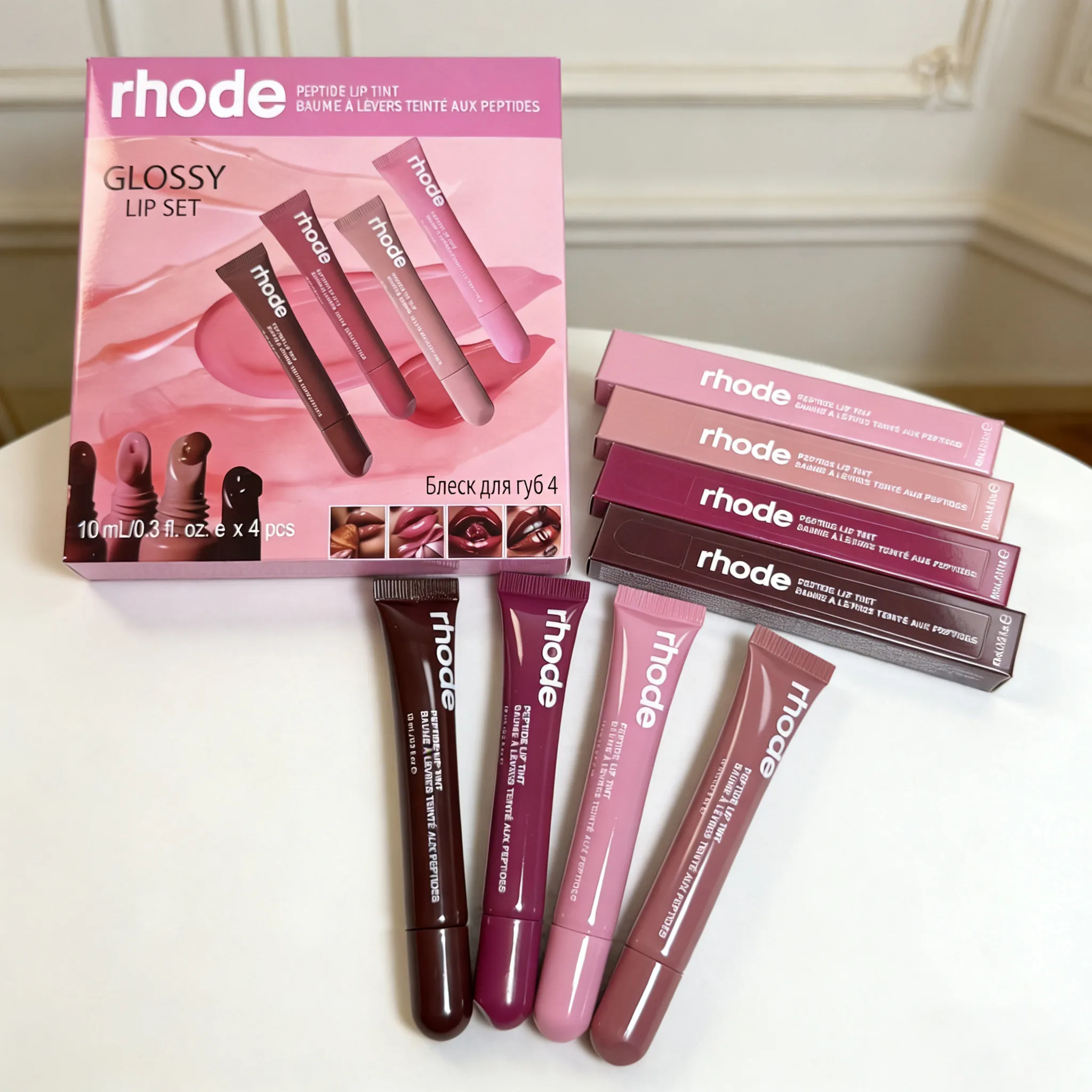 Glossy Lip Set 10ml 4pcs Lipgloss Gift Box Lip Gloss Lip Plumper Liquid Lipstick Toast Espresso Raspberry Ribbon 4Colors Lipbalm Shiny Glitter Lipgloss Makeup Kits
