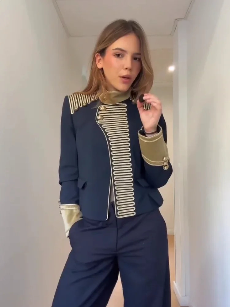 Women Chic Retro Stand Collar Navy Blue Jacket Fashion Gold Embroidered Shoulder Military Coat 2026 Lady Highstreet Outwears 260415