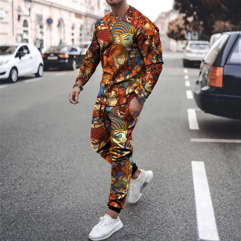 Men 2 Piece Tracksuit Set Digital Print Long Sleeve Crew Neck Sweatshirt Sweatpants Casual Loose Fit Soft Warm Breathable Lightweight Daily Sportswear