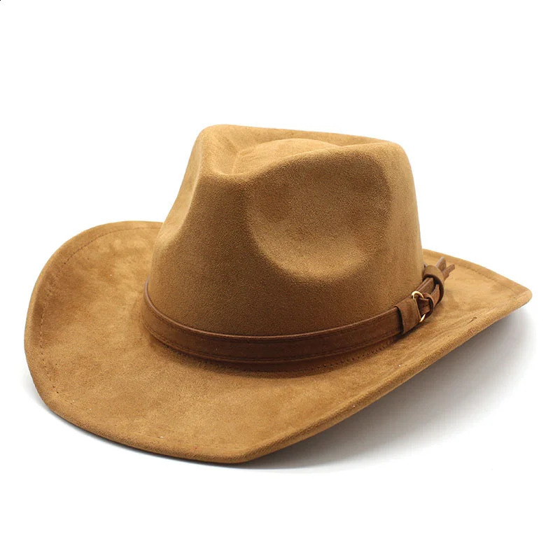 Men's Black Suede Cowboy Hat, Wide Brim Western Hat with Creased Crown, Brown Leather Band, Size 56-58cm, Outdoor Four Seasons Wear - view 6