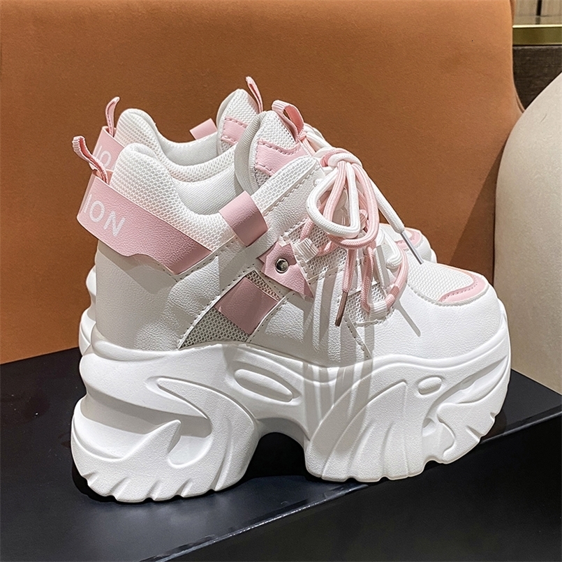 105CM Women Platform Sneakers Lace-up Autumn Sports Dad Shoes High Top Chunky Casual Woman Thick Bottom Mesh White 260415