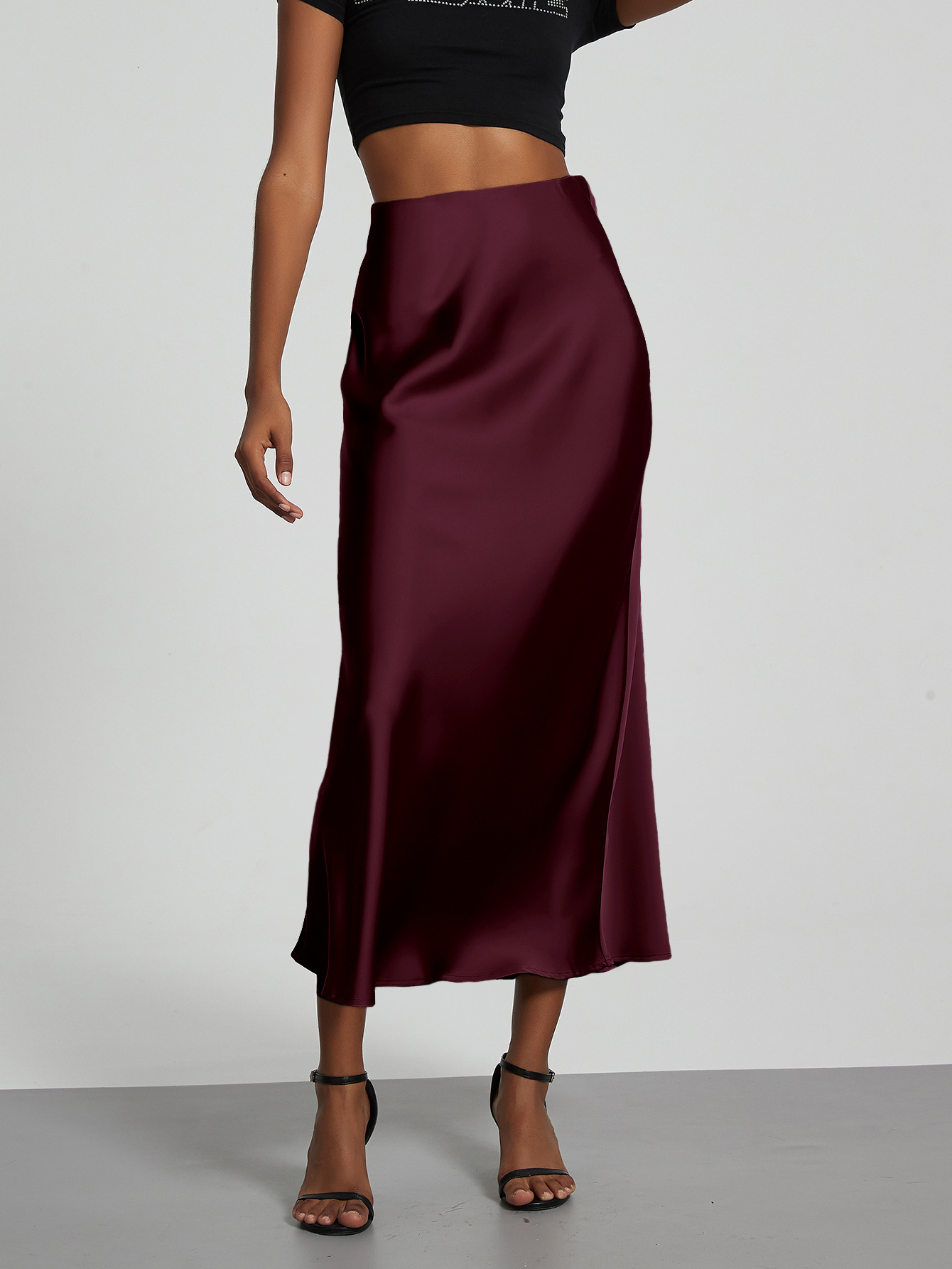 Womens Fashion Elegant Satin Midi Skirt Slimming Draped MidLength Skirt 230720