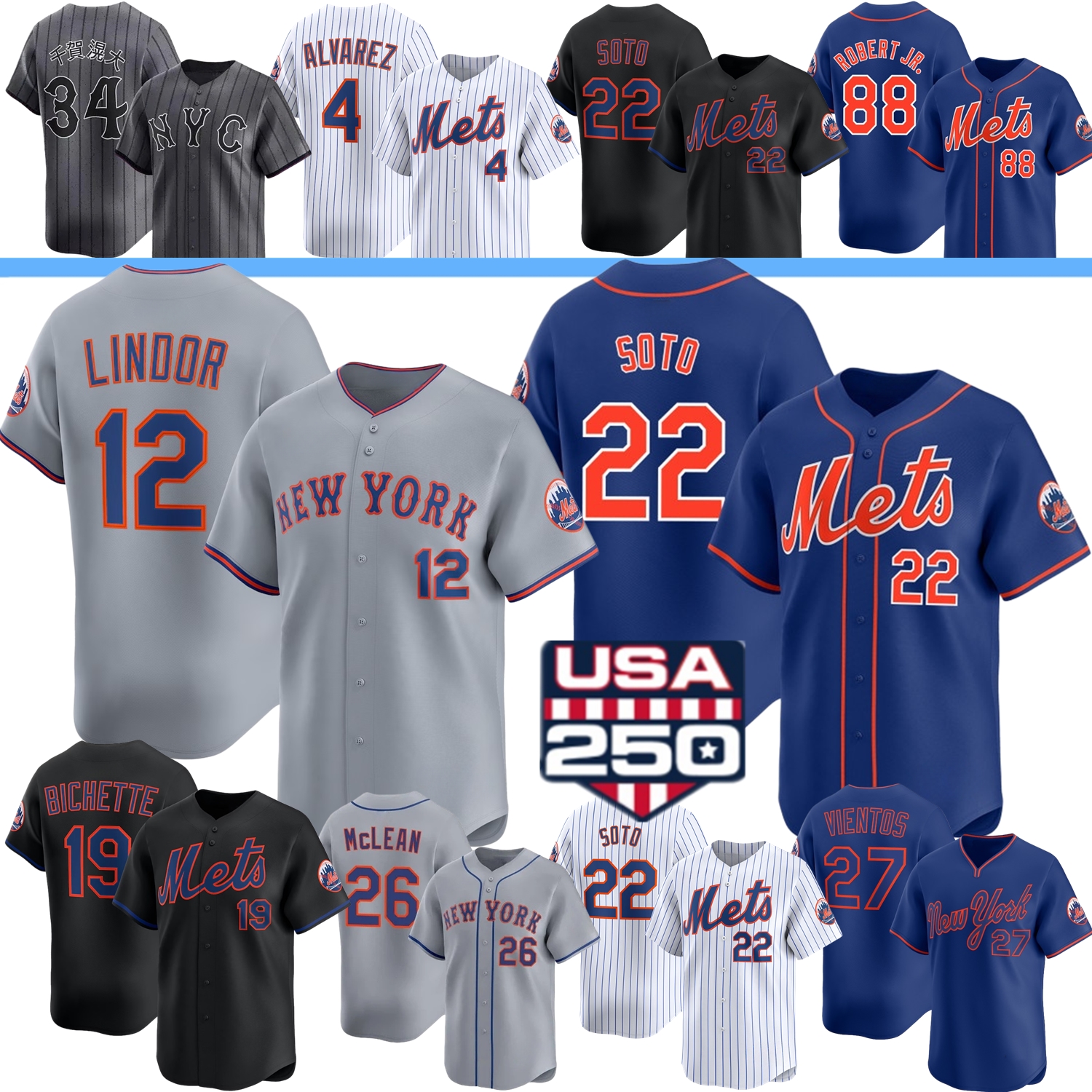 2026 NY Jersey Mets Juan Soto Francisco Lindor Nolan McLean Francisco Alvarez Bo Bichette Carson Benge Luis Robert Jr. Freddy Peralta Wright Semien Senga Vientos Baty