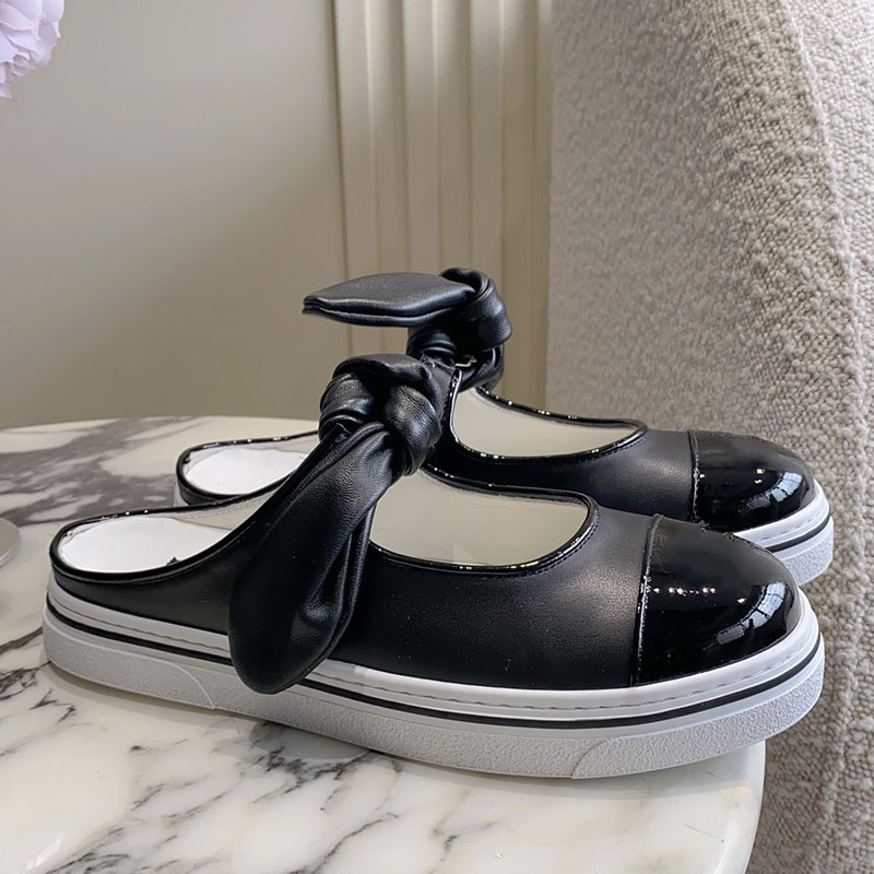 Luxury Brand CC sandals Womens Bow Rabbit Ear Mary Jane Shoes Designer Half Slippers Ladie College Style Comfortable Leather Slingback Sandals Rubber Outsole