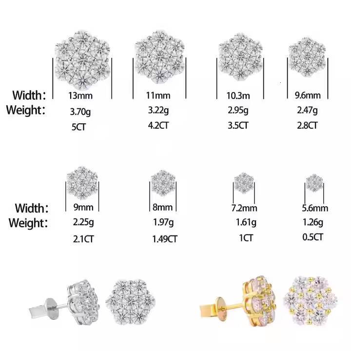 Multi Size Moissanite Radiance Flower Stud Earrings White Gold 925 Sterling Silver VVS Lab Synthetic Diamond Fine Jewelry Mens