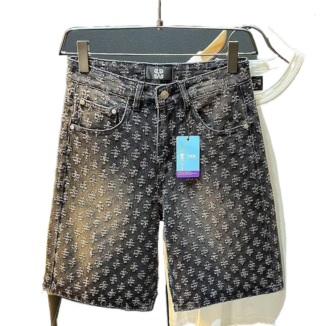 2026 New Designer American Men's Denim Shorts Summer Breathable Luxury Brand Loose Straight Casual Jacquard Medium Long Pants Wholesale