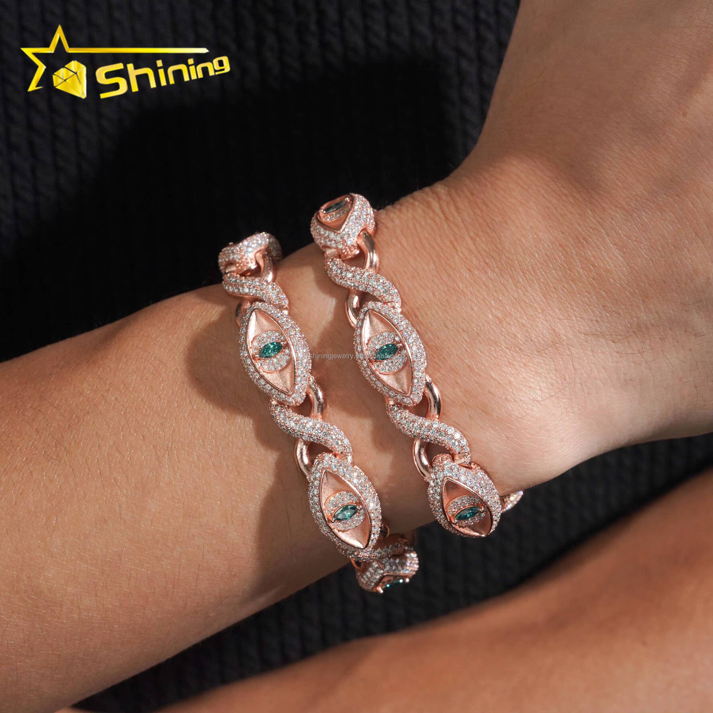 New Design 12mm Jewelry Hip Hop Green White Marquise Moissanite Diamond Iced Out S925 Silver Infinity Evil Eyes Cuban Bracelet