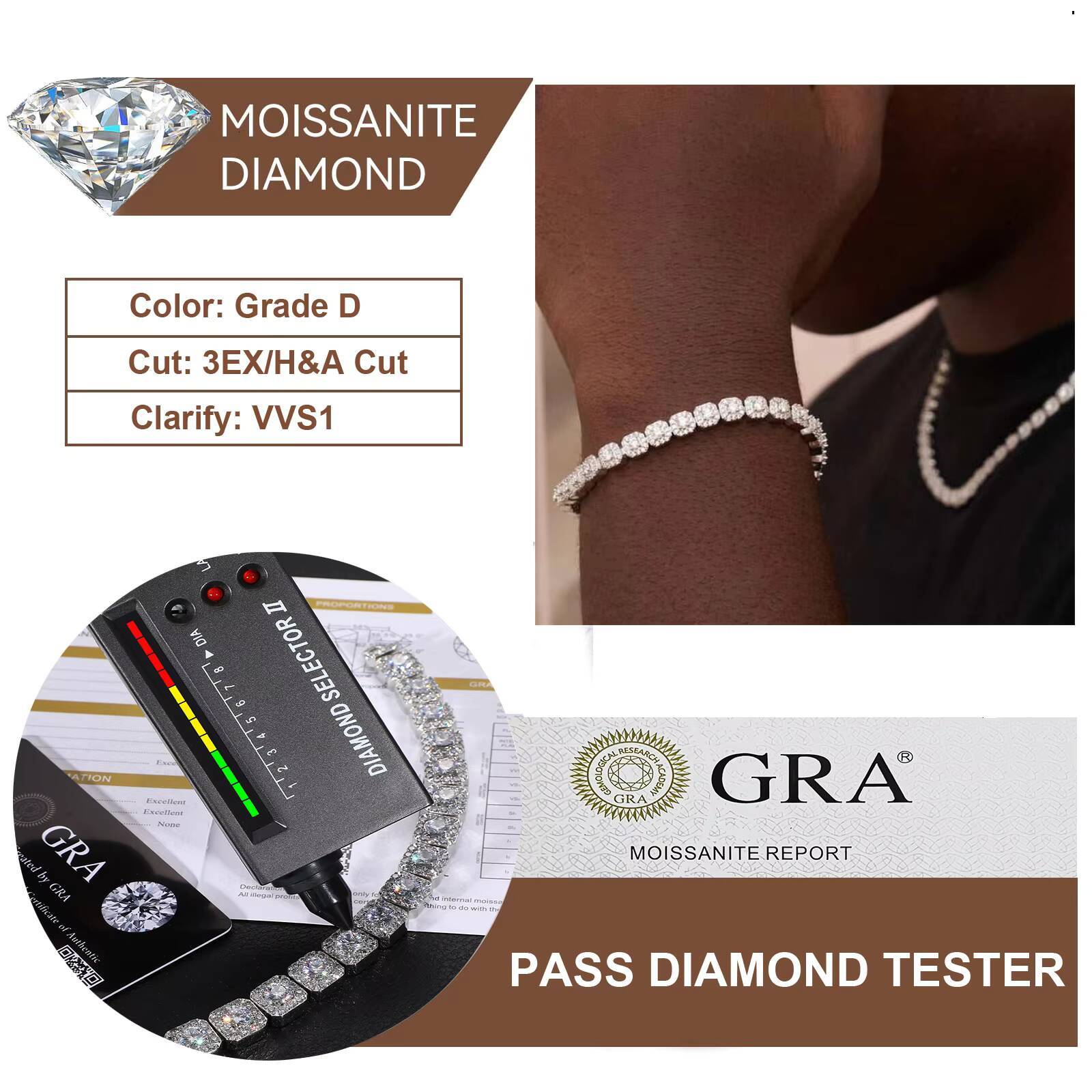 Fine Jewelry 6mm 8mm White Gold Sterling Silver 925 Vvs Moissanite Diamond Iced Out Square Hola Tennis Chain Bracelet Men Women