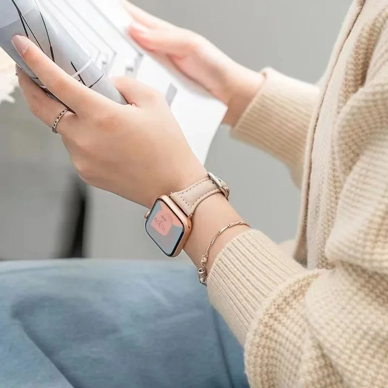 Leather Slim Strap for Apple Watch Band 44mm 40mm 41mm 45mm 38mm 42mm 49mm 44 45 IWatch Series 8 7 SE 6 5 4 3 2 1 Woman Bracelet