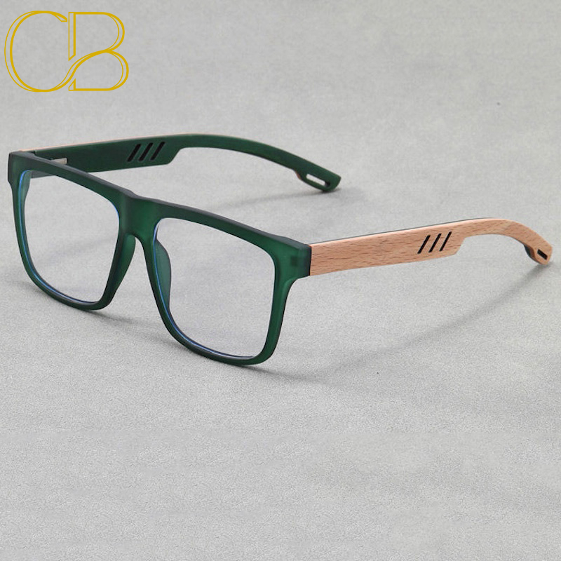 Square Optical Glasses Men Anti Blue Light Wood Grain for Computer Work Oversized Blue Blocking RX Myopia Prescription Bamboo Design Office Essentials