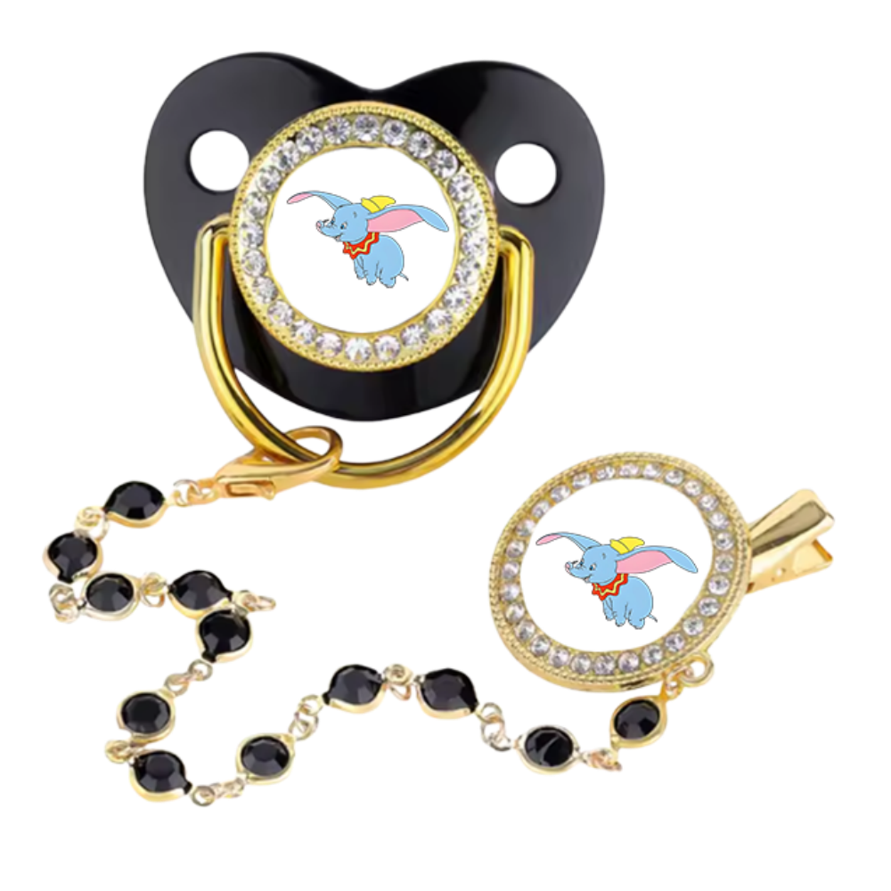 Luxury Baby Pacifier Set with Cartoon Bear Design - Black Shield, Rhinestone Trim, Gold Chain & Clip, Novelty Soother for Infants & Toddlers