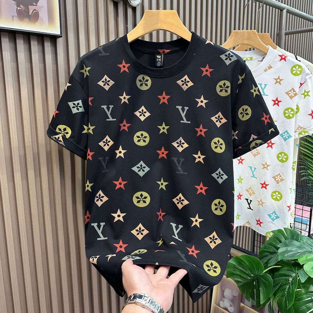 Light Luxury Short-Sleeved Mens Summer New Full-Print Vintage Heavy-Duty T-Shirt Trendy Versatile Round-Neck Top Stylish Casual Base Shirt Asia Size