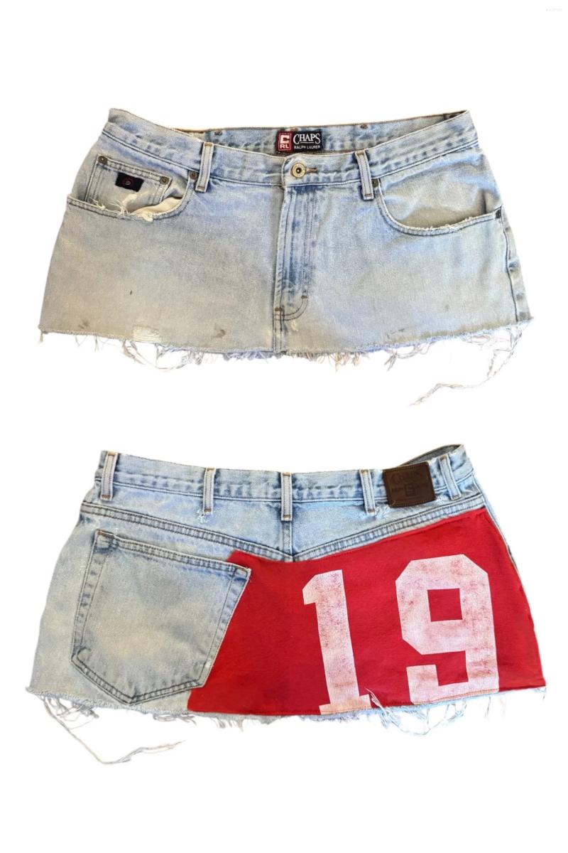 Skirts Retro 8 Billiards Denim Skirt Y2K Shorts Hip Hop Patchwork Embroidery Washed Baggy High Waist Slim Fit Mini