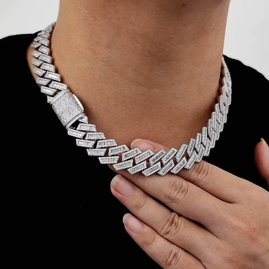 20mm Iced Out Cuban Necklace 925 Sterling Silver Hiphop VVS Moissanite Baguette Cuban Link Chain