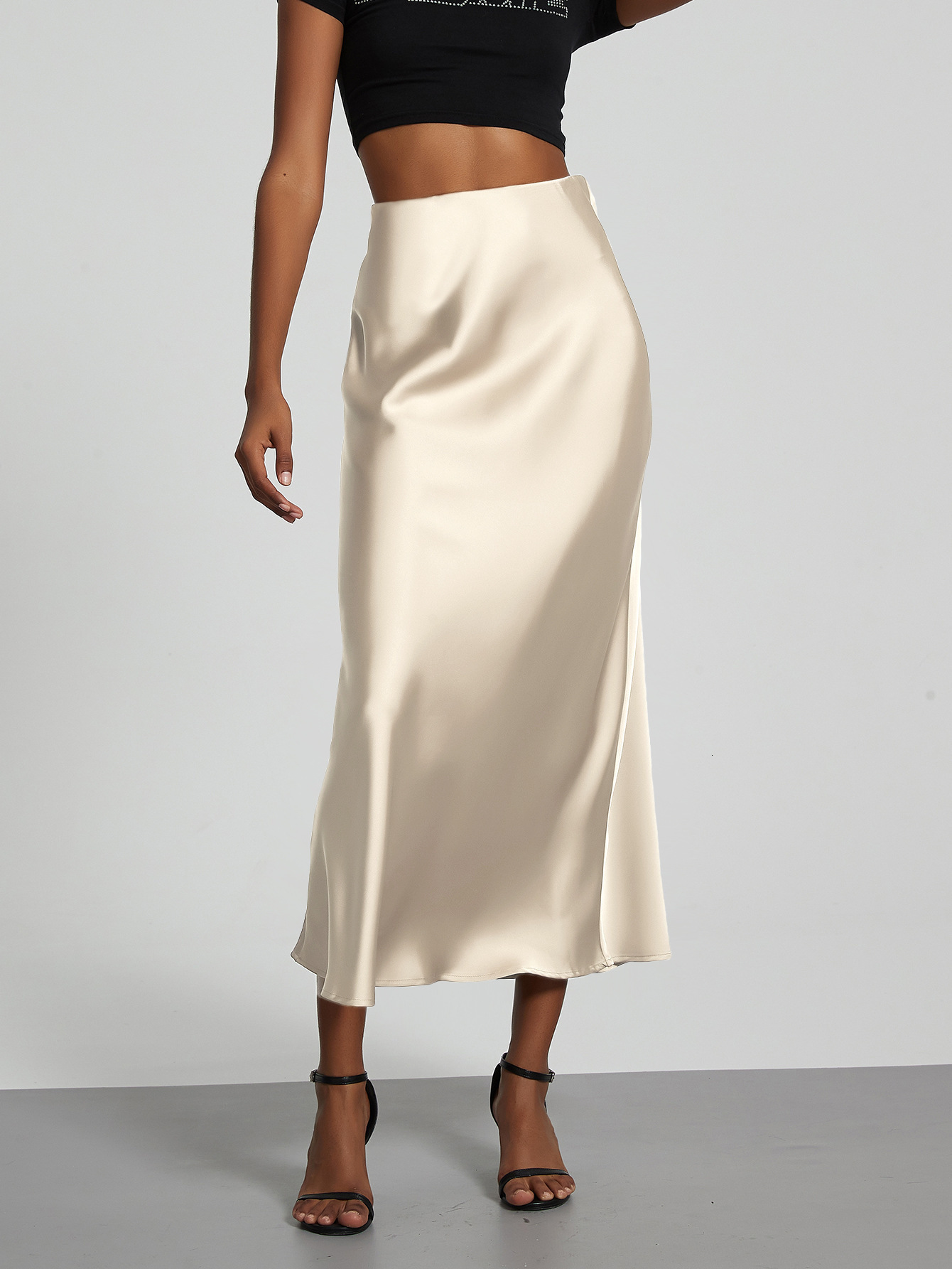 Womens Fashion Elegant Satin Midi Skirt Slimming Draped MidLength Skirt 230720