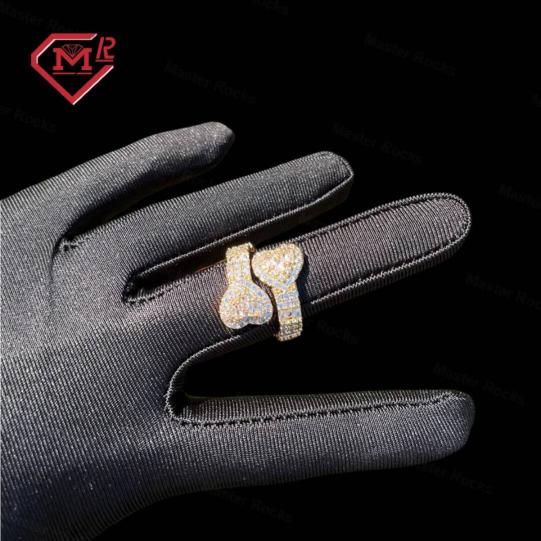 Adjustable Open Iced Out Bling Baguette Double Heart Ring With Gra Certificate S925 Silver Moissanite Ring