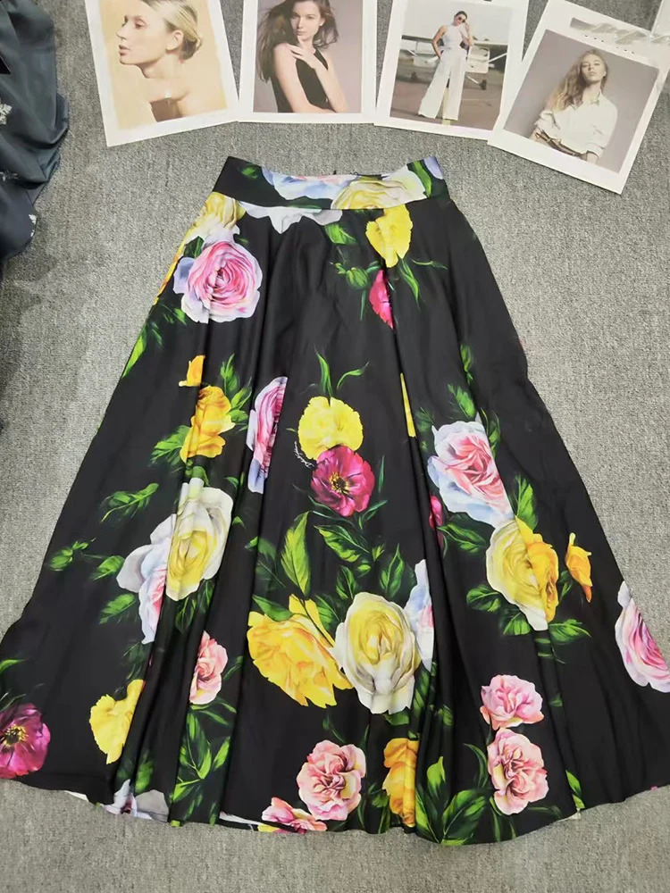 Printed lapel singlebreasted longsleeved shirt spring twopiece suithigh waist and big skirt fashion womens suit 260415