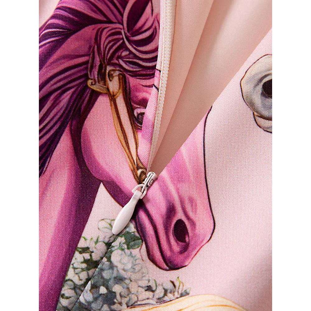 Women Beaded Horse Print Pink Short Sleeve Loose Straight Fit Elegant Spring Summer Casual Midi Dress New Arrival MAKOUFEI