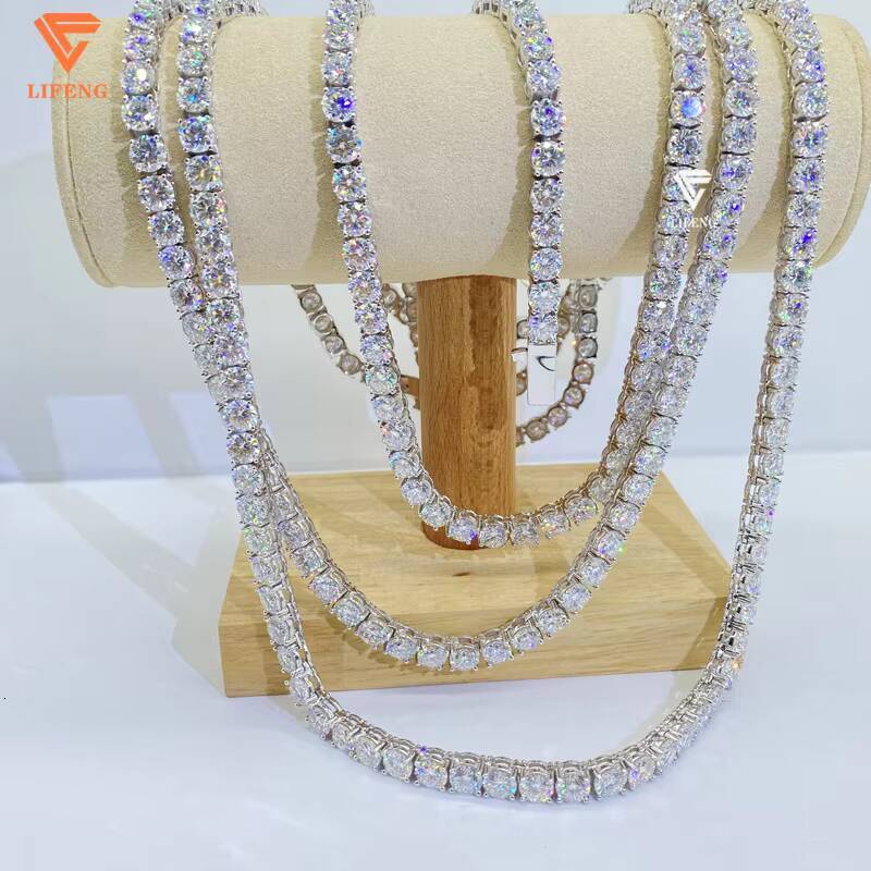 Custom Iced Out Hip Hop Jewelry 6mm VVS Moissanite Diamond Tennis Ball Chain Round Shape 925 Sterling Silver Tennis Necklace