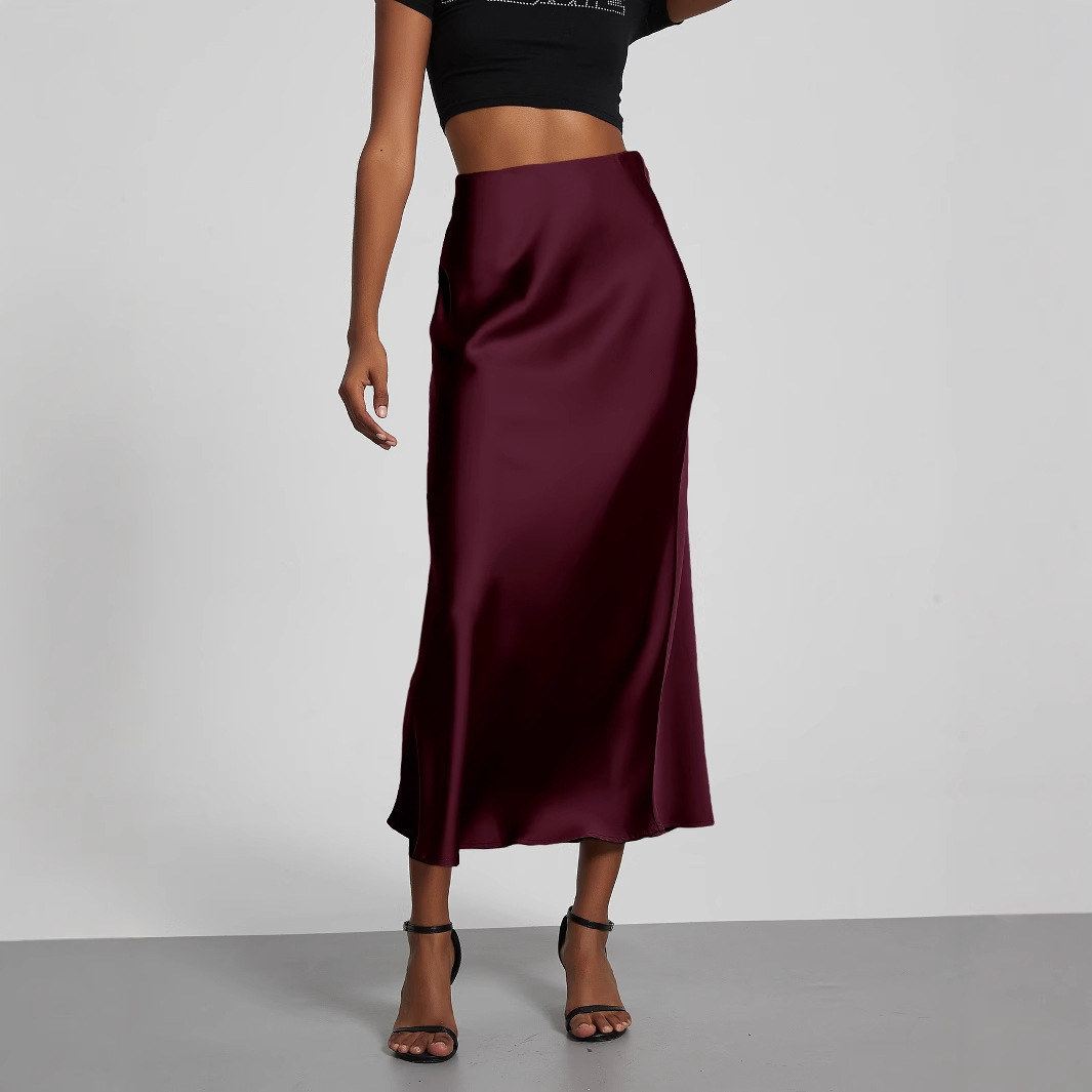 Womens Fashion Elegant Satin Midi Skirt Slimming Draped MidLength Skirt 230720