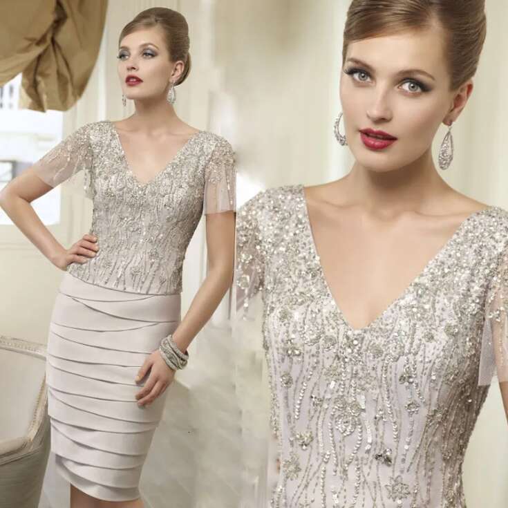 2026 new VENI INFANTINO Mother Of The Bride Dresses Groom Champagne Plus Size V-neck Short Sleeve Knee-length Sequins Beads Party Dress Custom Made