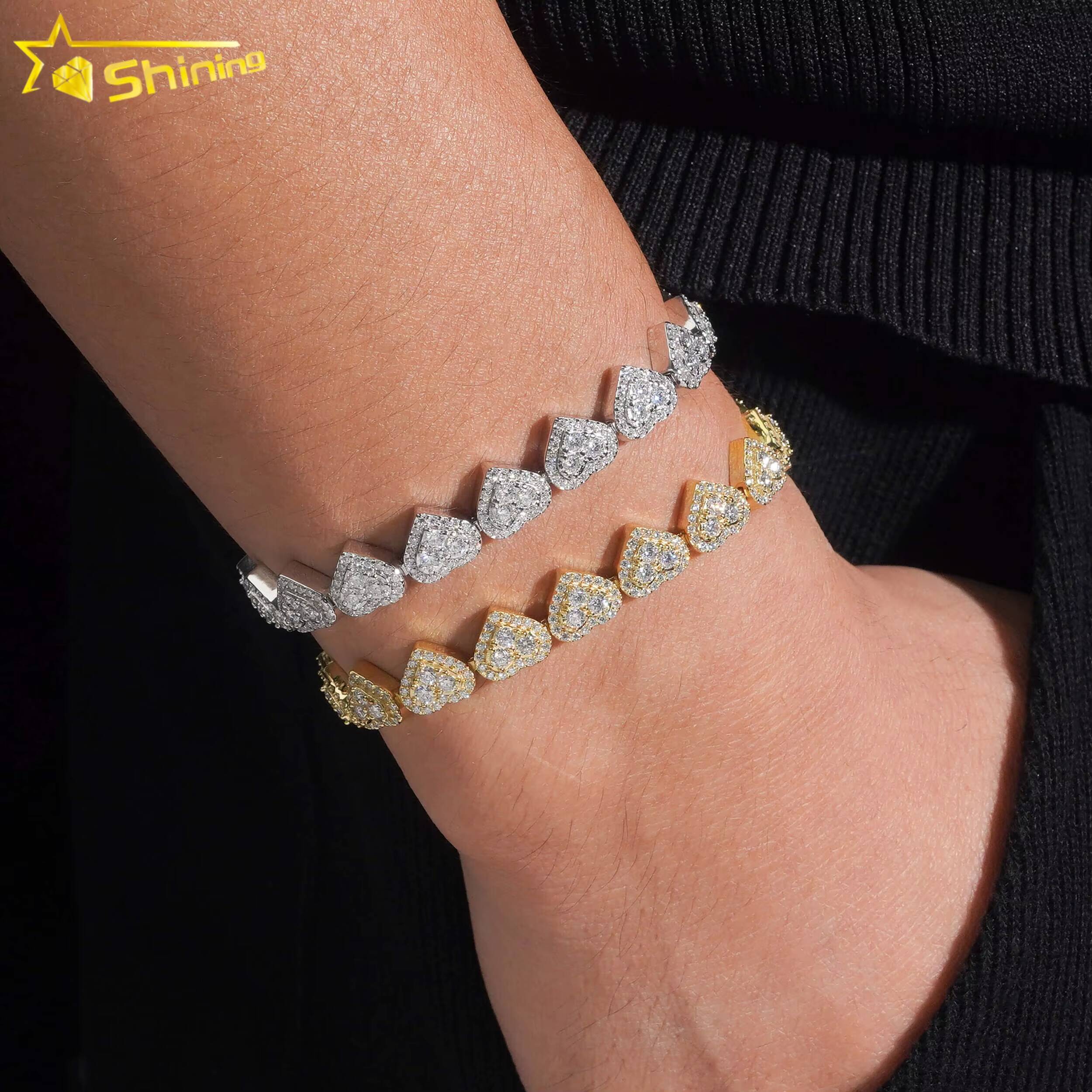 Heart Design Solid Silver 925 Hip Hop Iced Out Cuban Link Bracelet 8mm VVS Moissanite Diamond Womens Fine Jewelry Bracelet