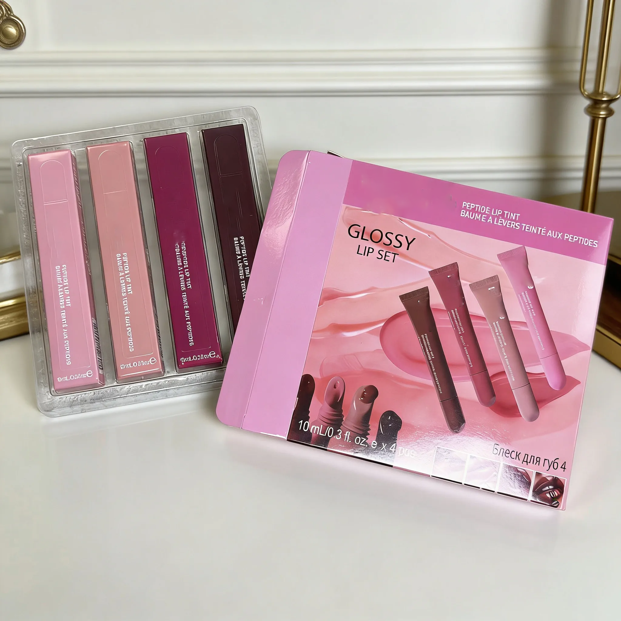 Glossy Lip Set 10ml 4pcs Lipgloss Gift Box Lip Gloss Lip Plumper Liquid Lipstick Toast Espresso Raspberry Ribbon 4Colors Lipbalm Shiny Glitter Lipglos