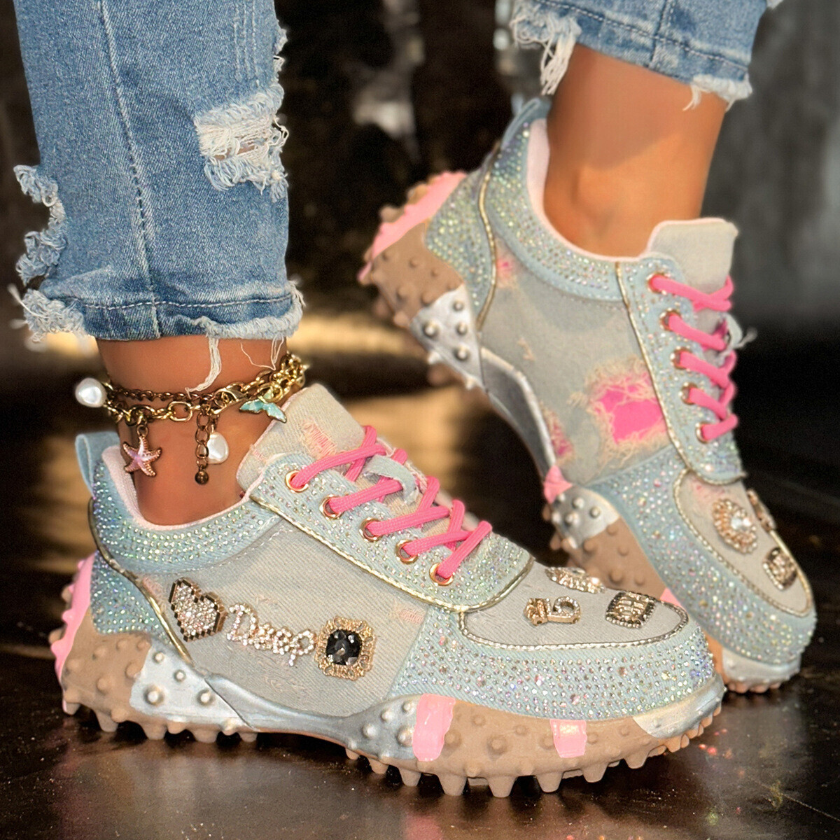 Hot selling Letter rhinestones Fashion Sports Durian Matcake sole Mesh Single Shoes Women's ddmythur