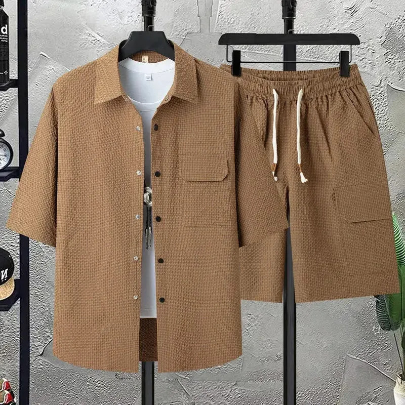 Mens Summer Short-sleeved 2-piece Sets Casual Loose Button Up Collar Shirt and Shorts Men Beach Cool T-shirt Shorts 260415