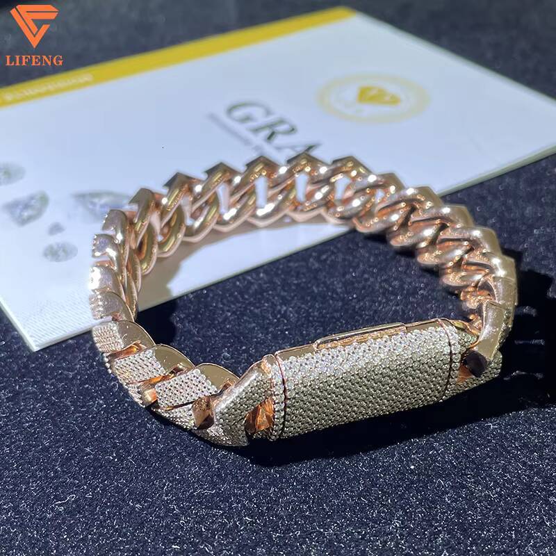 New Trendy Mens Hip Hop Bracelet Fine Jewelry Rose Gold Ice Cuban Link Chain VVS Moissanite 925 Sterling Silver Great Gift Idea