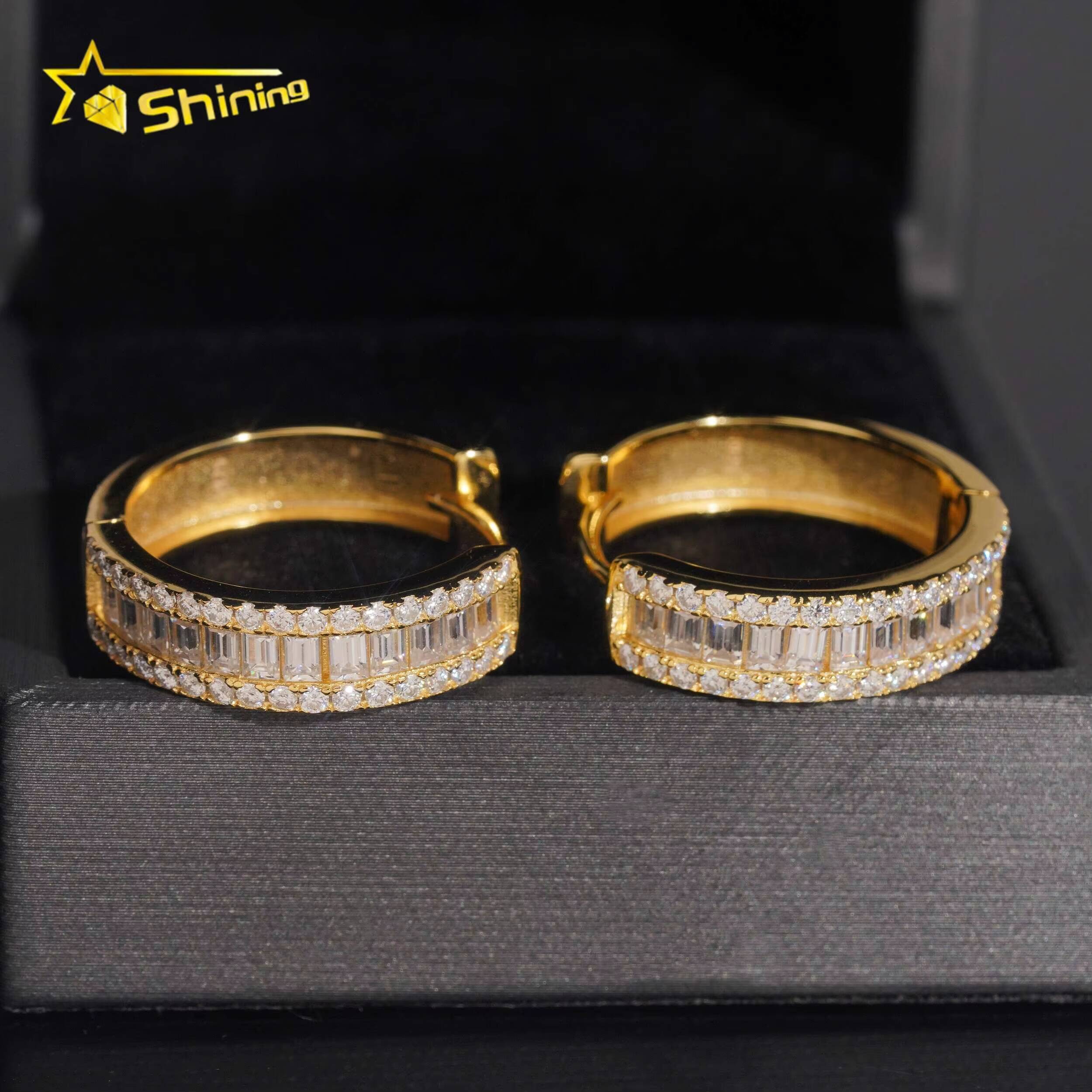 Fashion Hoop Earring Fine Jewelry 925 Sterling Silver Gold Plated Baguette VVS Diamond Moissanite Hoop Earrings Ready to Ship