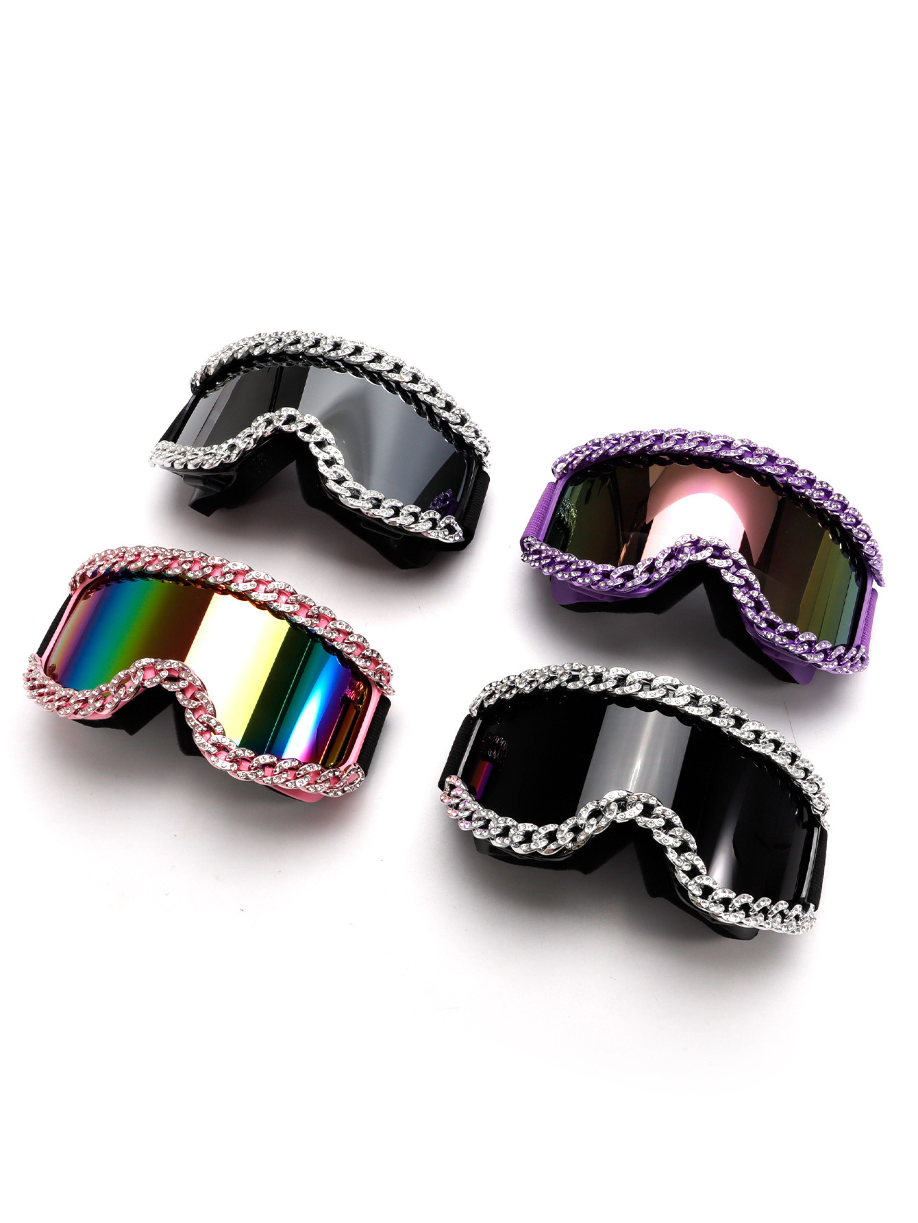 Futurist Designed Outdoor Skiing Goggles Large Frame Chain Designer Sunglasses Cyberpunk Style Diamond Integrated Designer Sunglasses Wholesale