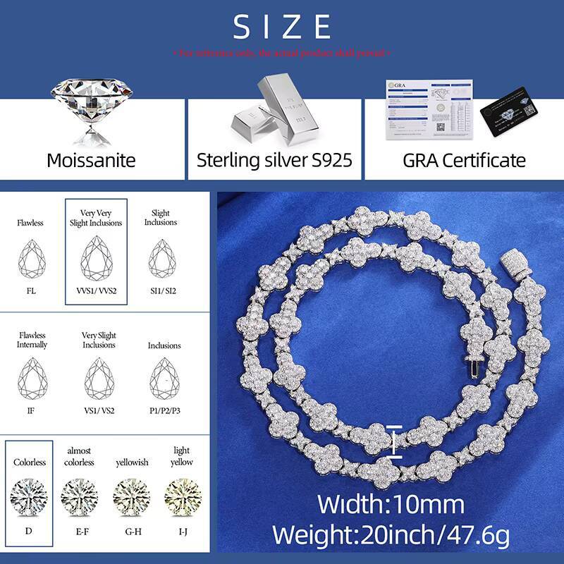 925 Sterling Silver Luxury Fine Jewelry Necklace 10mm Moissanite Cross Link Chain Four Leaf Clover Link Chain