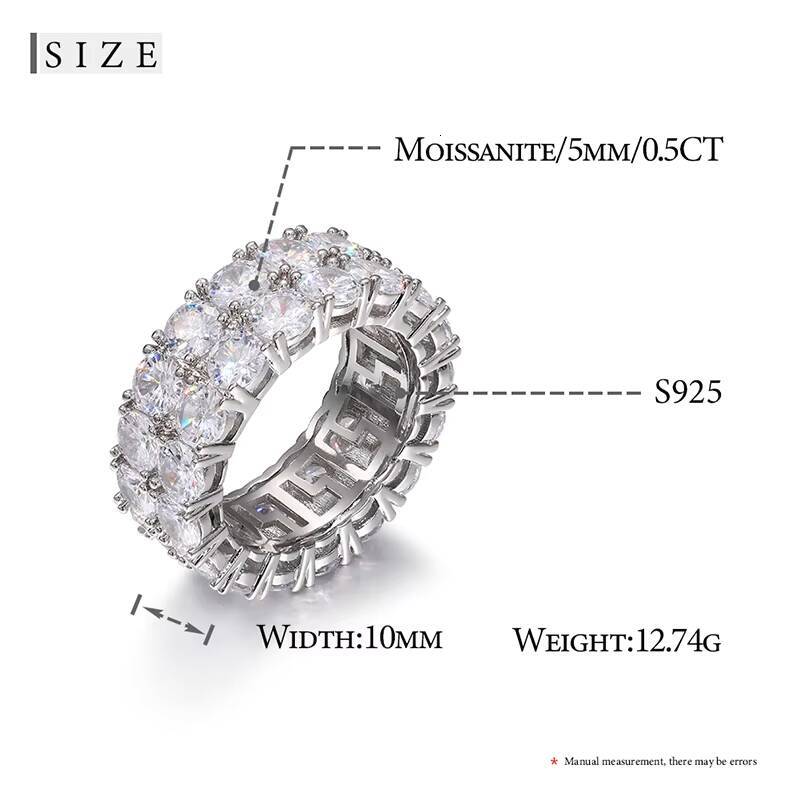 Dropshipping Fine Wedding Jewelry 925 Sterling Silver 2 Rows 5mm VVS Moissanite Diamond Clustered Engagement Ring for Men