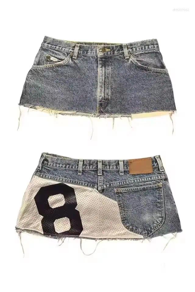 Skirts Retro 8 Billiards Denim Skirt Y2K Shorts Hip Hop Patchwork Embroidery Washed Baggy High Waist Slim Fit Mini