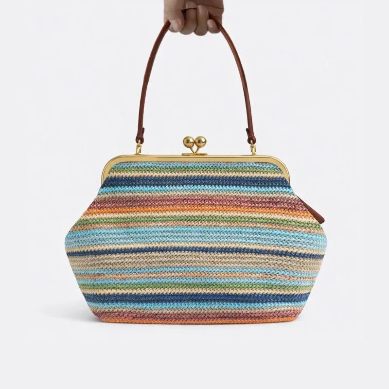 Summer Trend Colorful Striped Straw Shoulder Bag n Frame Large Kisslock Clutch for Women Vacation Travel Beach 260416