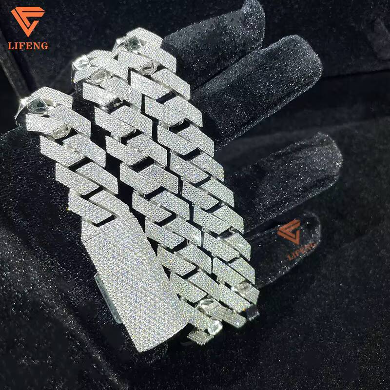 White Gold VVS Moissanite Cuban Link Necklace 15mm 4row Diamond Chain 925 Sterling Silver Fine Hip Hop Jewelry for Men