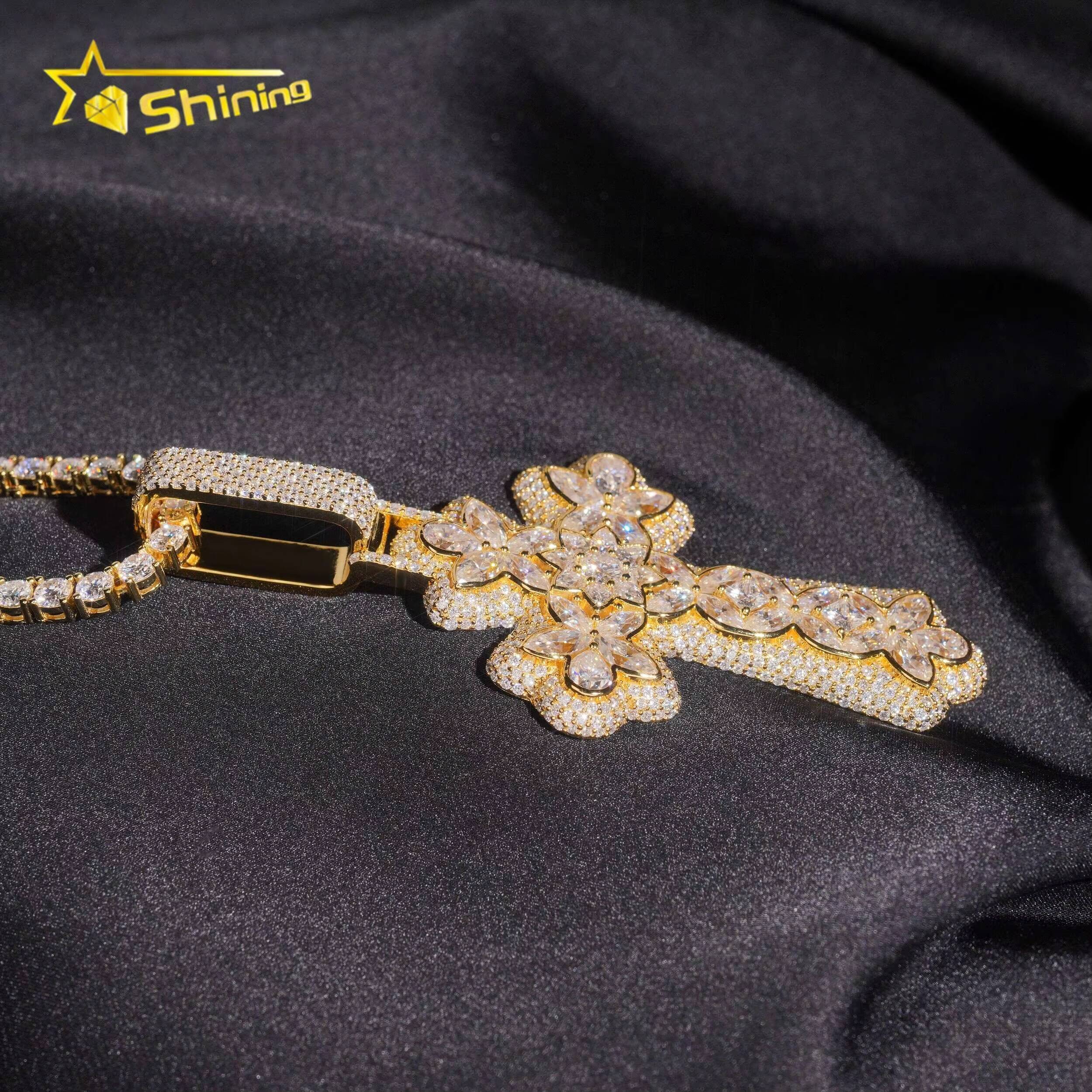 Rapper Jewelry 925 Sterling Silver Hip Hop Fancy Shape Iced Out 18k Gold Plated Moissanite Cross Pendant