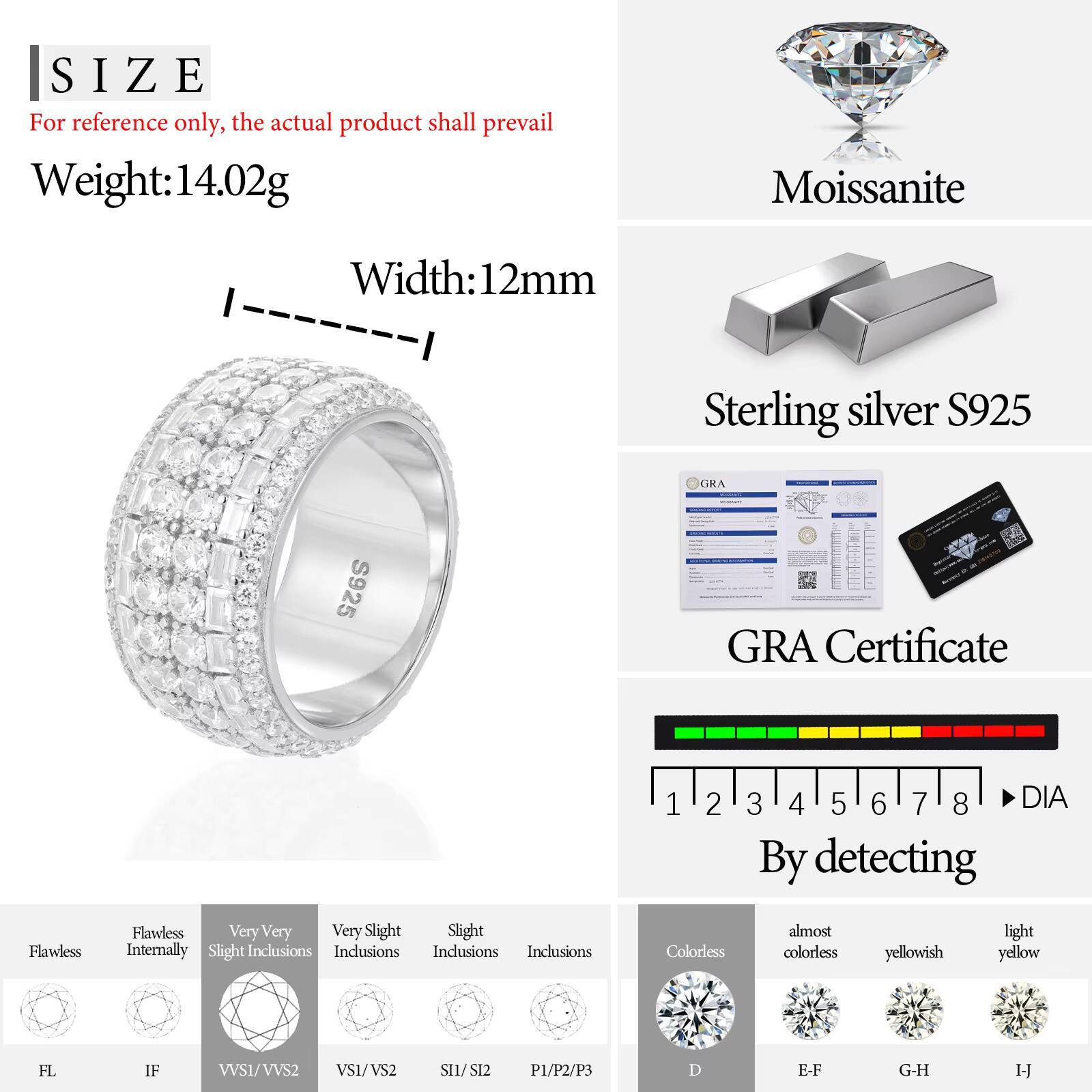 Luxury Wedding Engagement Gift 925 Sterling Silver Micro Paved 6 Rows VVS Moissanite Diamond Finger Ring for Men