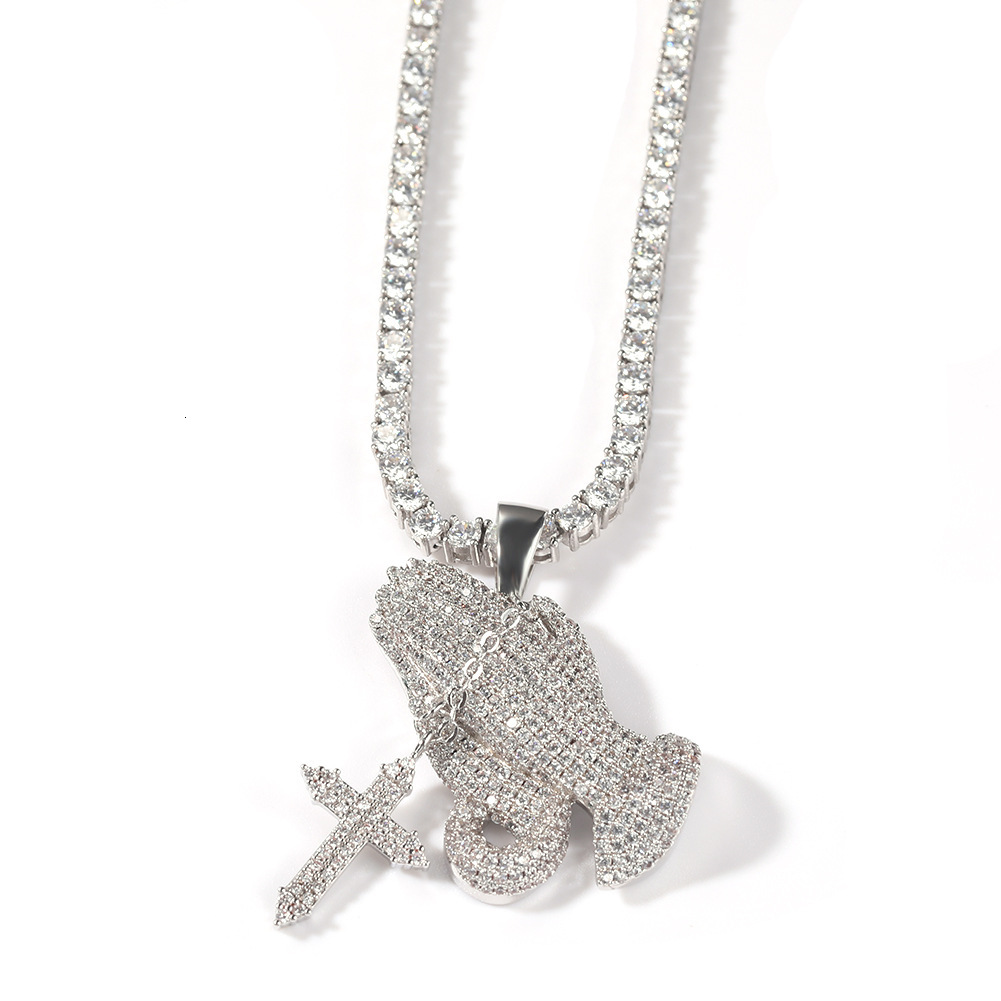 European and American trendy brand - Full Diamond Cross Pendant Morganite Necklace - European and American retro hip-hop rap fashion accessory