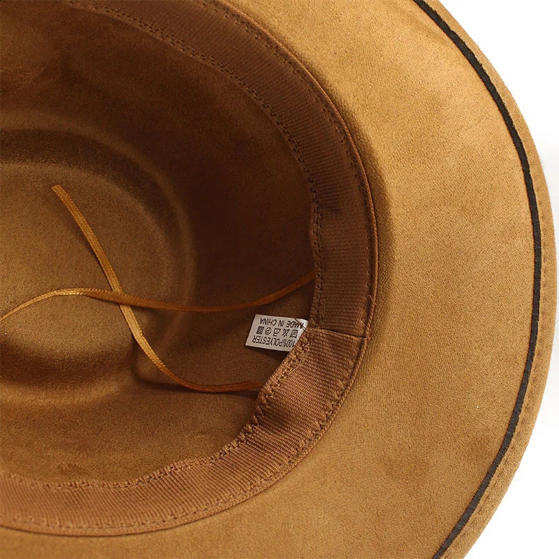 Men's Black Suede Cowboy Hat, Wide Brim Western Hat with Creased Crown, Brown Leather Band, Size 56-58cm, Outdoor Four Seasons Wear - view 7