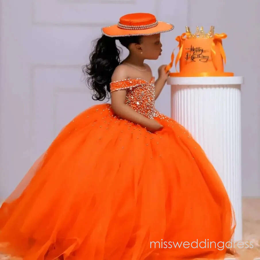 Gorgeous Orange Pageant Elegant Ball Gown Off Shoulder Crystals Beads Flower Girl Dresses for Wedding Party Birthday Formal Occasions M27