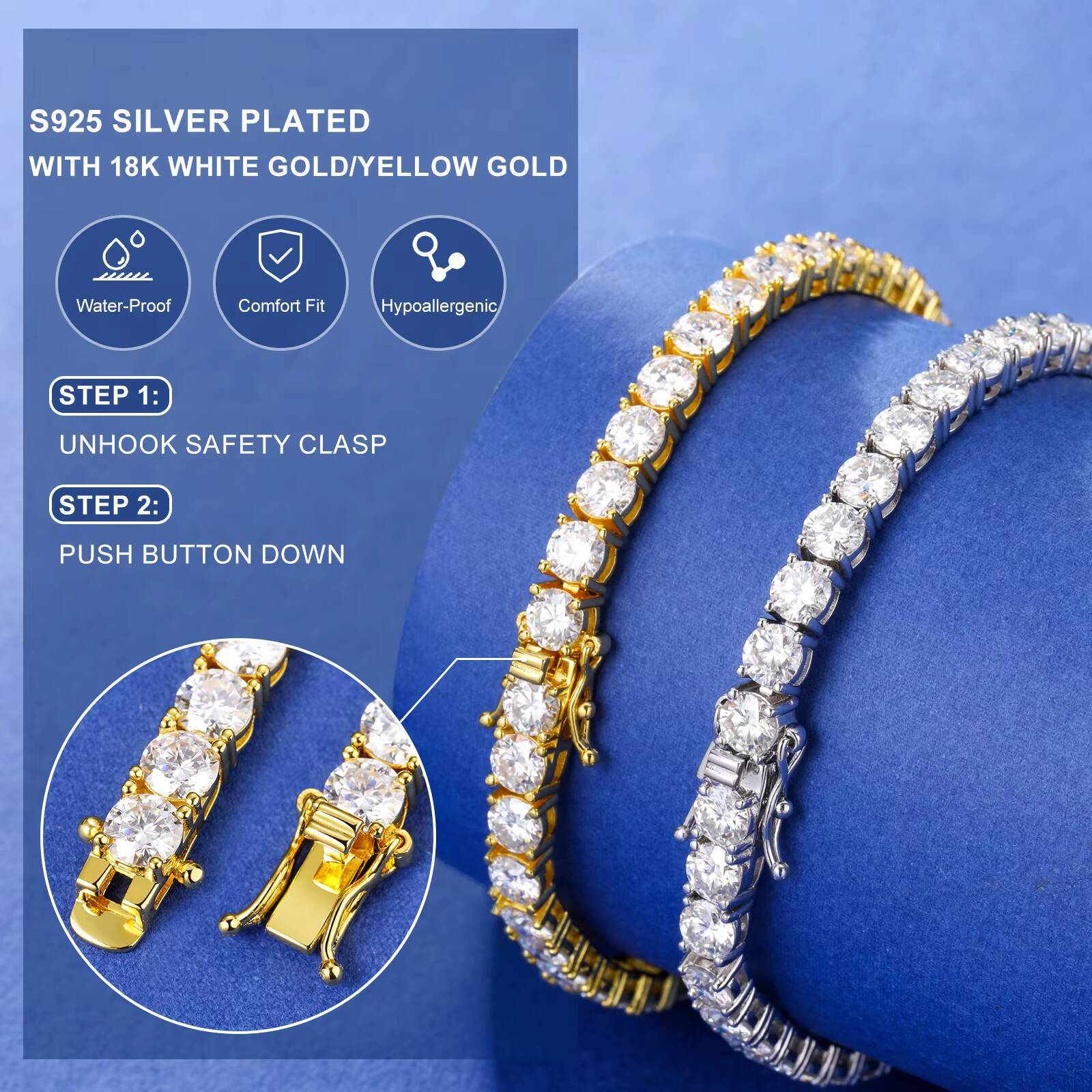 Hot Selling Pulseras Fashion 3mm-6mm 18K Gold Plated 925 Sterling Silver VVS Moissanite Diamond Classic Tennis Bracelet