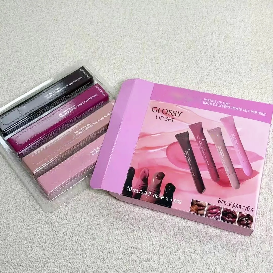 Glossy Lip Set 10ml 4pcs Lipgloss Gift Box Lip Gloss Lip Plumper Liquid Lipstick Toast Espresso Raspberry Ribbon 4Colors Lipbalm Shiny Glitter Lipglos