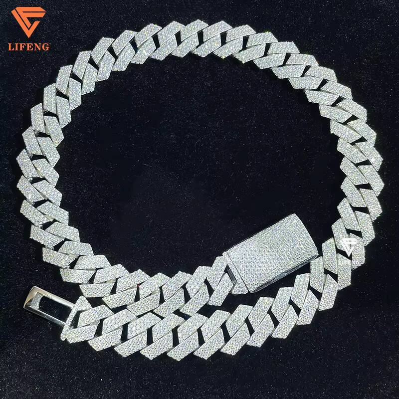 Lifeng Jewelry 15MM Honeycomb Set VVS1 Moissanite Necklace Solid Silver White Gold Plated Cuban Link Chain Bust Miami Chain